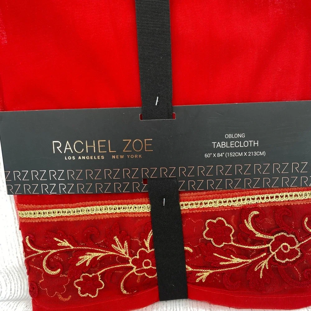 Rachel Zoe Tablecloth 60x84 Red Gold Floral Embroidered Oblong Sheer Luxury